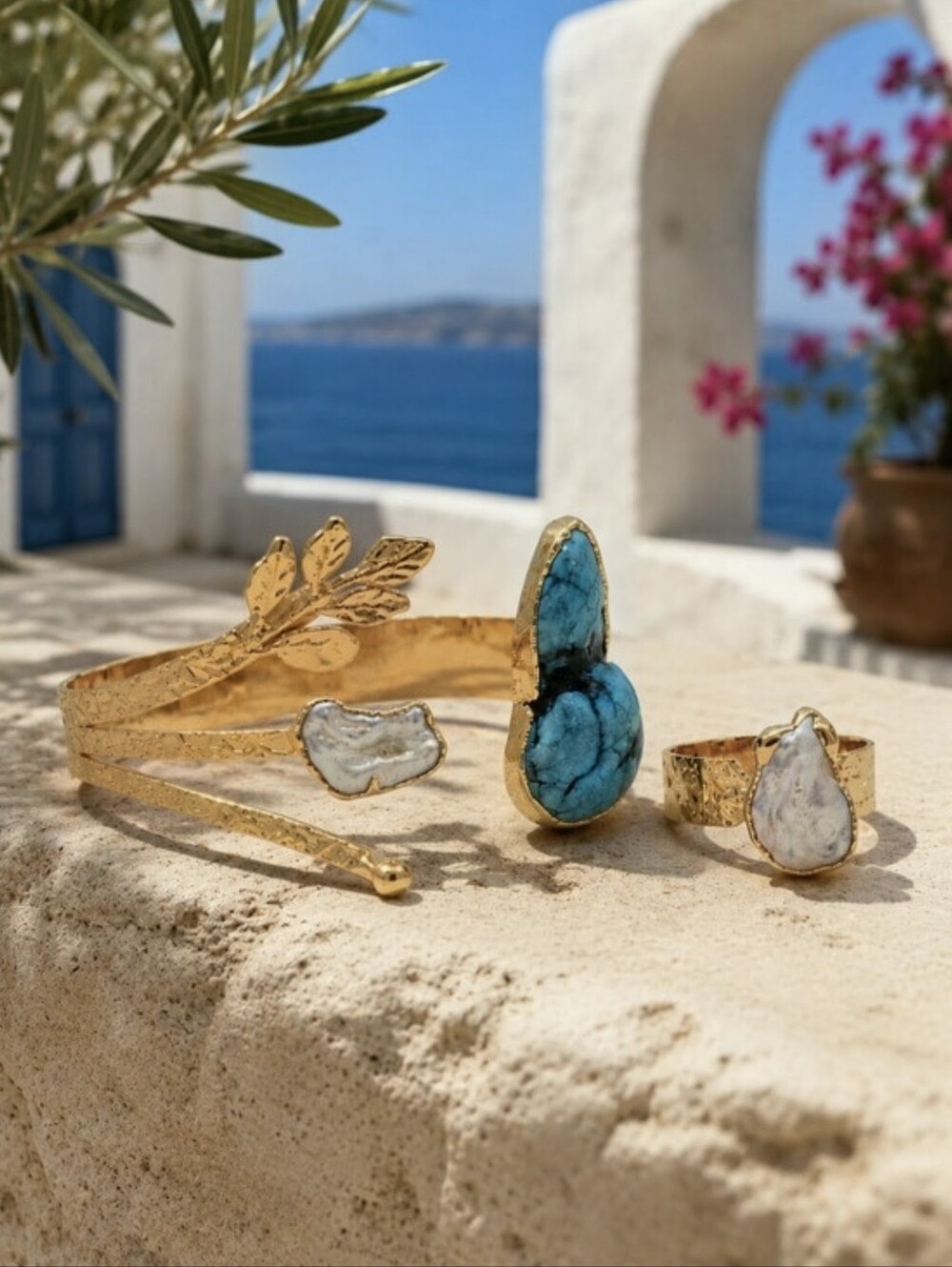 Handmade Turkish Turquoise Baroque Pearl Olive Branch Cuff and Ring Set 8-10